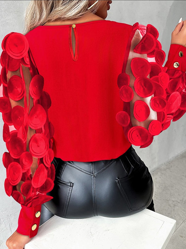 storexq Long Sleeves Loose Mesh Polka-Dot Solid Color Split-Joint Round-Neck Blouses&Shirts Tops