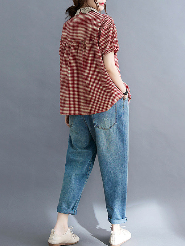 storexq Cotton Blend Plaid Polo Puff Sleeve T-Shirts Tops