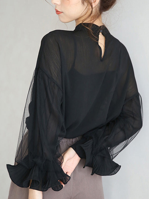 storexq Simple Solid Color Puff Sleeve Mesh Splicing Chiffon Shirt