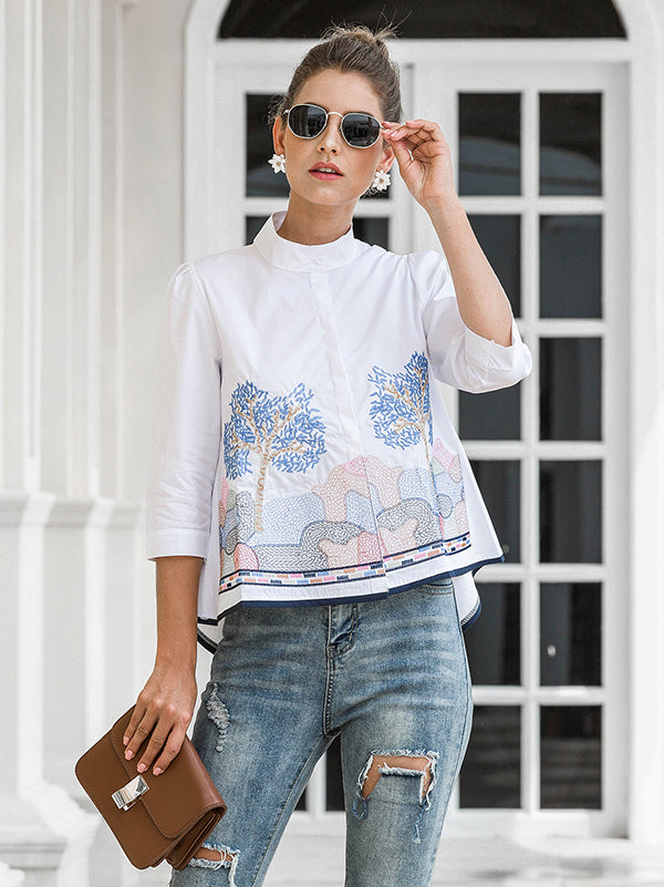 storexq Casual Three-Quarter Sleeves Loose Embroidered Stand Collar Blouses&Shirts Tops