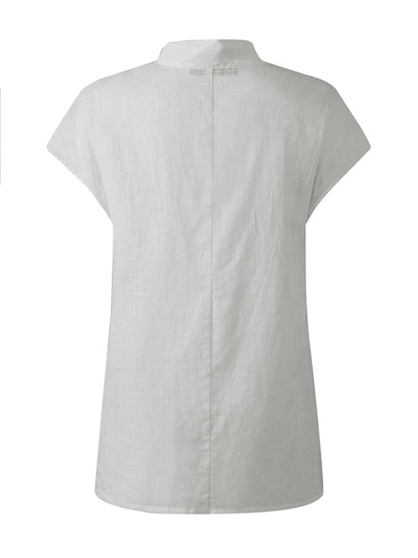 storexq Solid Color Stand Collar Cap-Sleeve Shirts