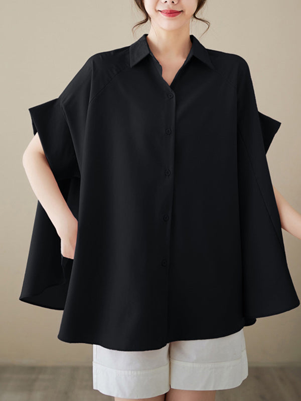 storexq Loose Short Sleeves Solid Color Lapel Shirts Tops
