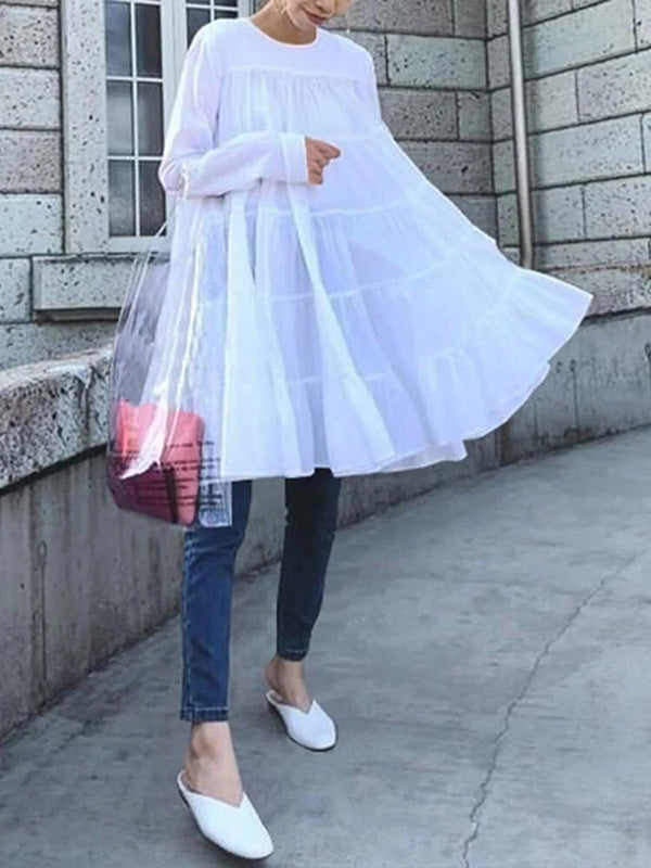 storexq Irregularity Long Sleeves Pleated Solid Color Round-neck Blouses&shirts Tops
