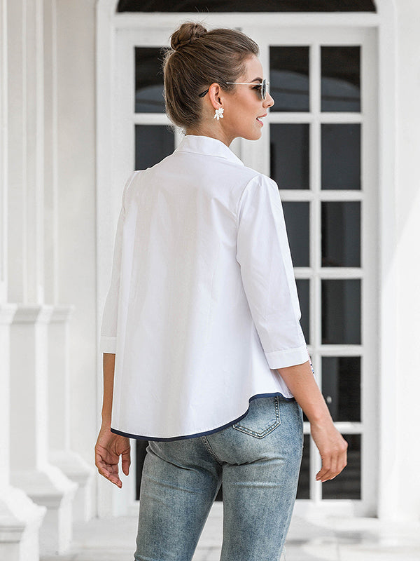 storexq Casual Three-Quarter Sleeves Loose Embroidered Stand Collar Blouses&Shirts Tops