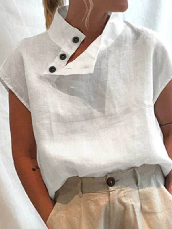 storexq Solid Color Stand Collar Cap-Sleeve Shirts