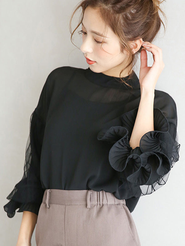 storexq Simple Solid Color Puff Sleeve Mesh Splicing Chiffon Shirt