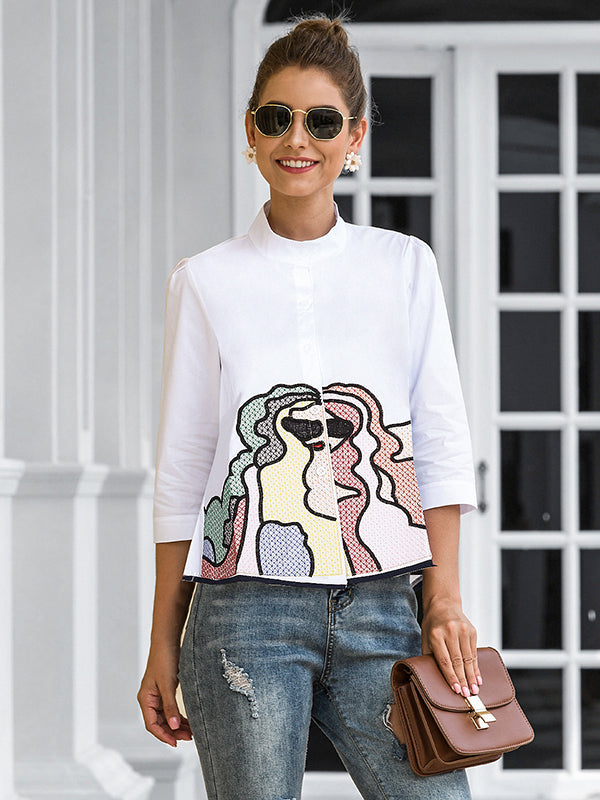 storexq Casual High-Low Loose Printed Stand Collar Blouses&Shirts Tops