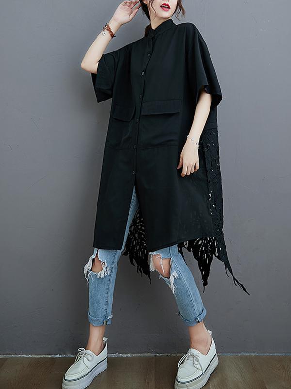 storexq Loose Split-Joint Hollow Solid Long Blouse