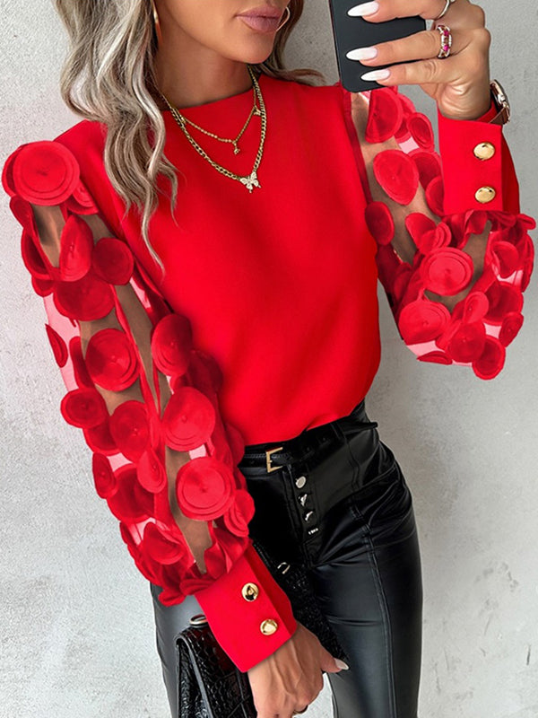 storexq Long Sleeves Loose Mesh Polka-Dot Solid Color Split-Joint Round-Neck Blouses&Shirts Tops