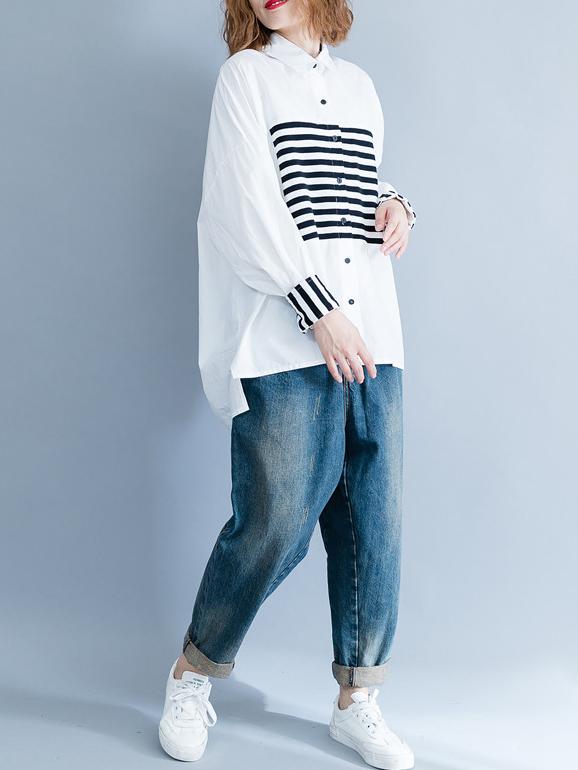 storexq Stripe Split-joint White Shirt