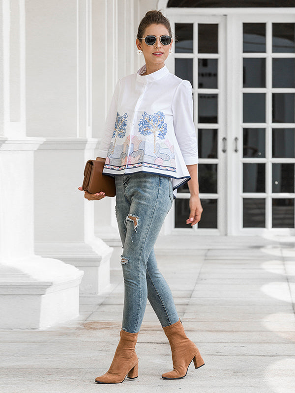 storexq Casual Three-Quarter Sleeves Loose Embroidered Stand Collar Blouses&Shirts Tops