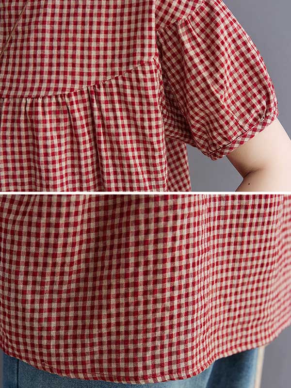 storexq Cotton Blend Plaid Polo Puff Sleeve T-Shirts Tops