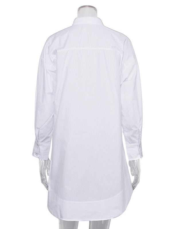 storexq Leisure Fashion Loose Long Sleeves Solid Color Lapel Collar Shirt Dresses