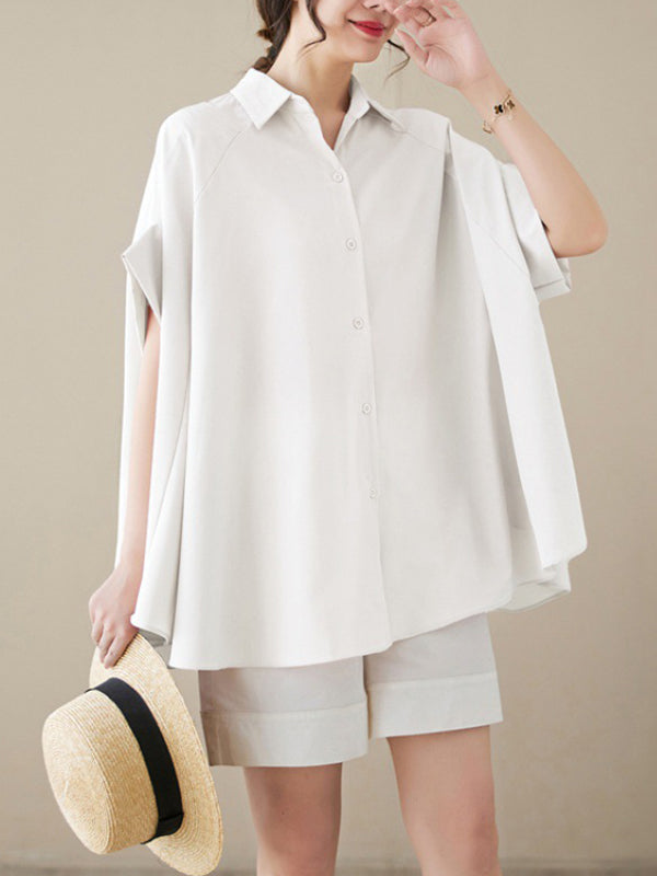 storexq Loose Short Sleeves Solid Color Lapel Shirts Tops