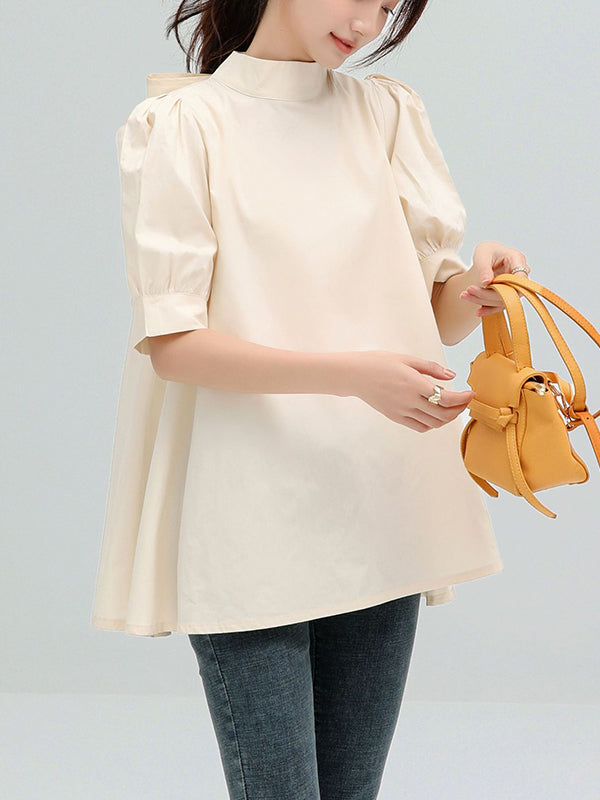 storexq Casual Loose Bow-Embellished Solid Color Blouse