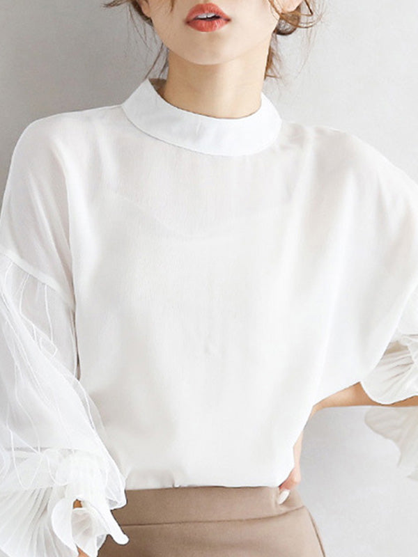 storexq Simple Solid Color Puff Sleeve Mesh Splicing Chiffon Shirt