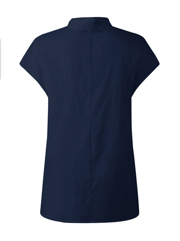 storexq Solid Color Stand Collar Cap-Sleeve Shirts
