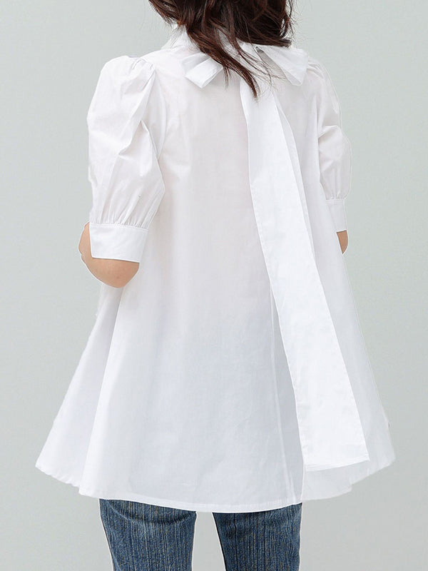 storexq Casual Loose Bow-Embellished Solid Color Blouse