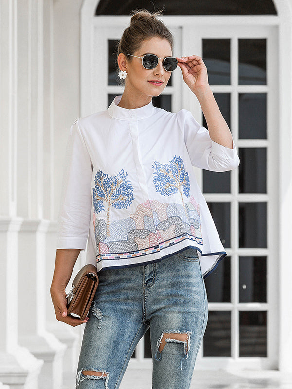 storexq Casual Three-Quarter Sleeves Loose Embroidered Stand Collar Blouses&Shirts Tops
