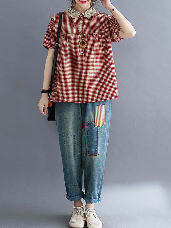 storexq Cotton Blend Plaid Polo Puff Sleeve T-Shirts Tops