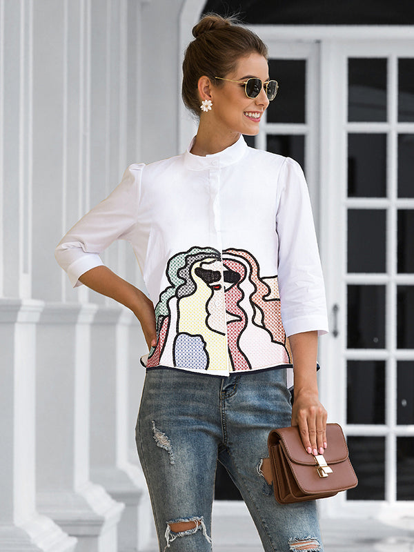 storexq Casual High-Low Loose Printed Stand Collar Blouses&Shirts Tops