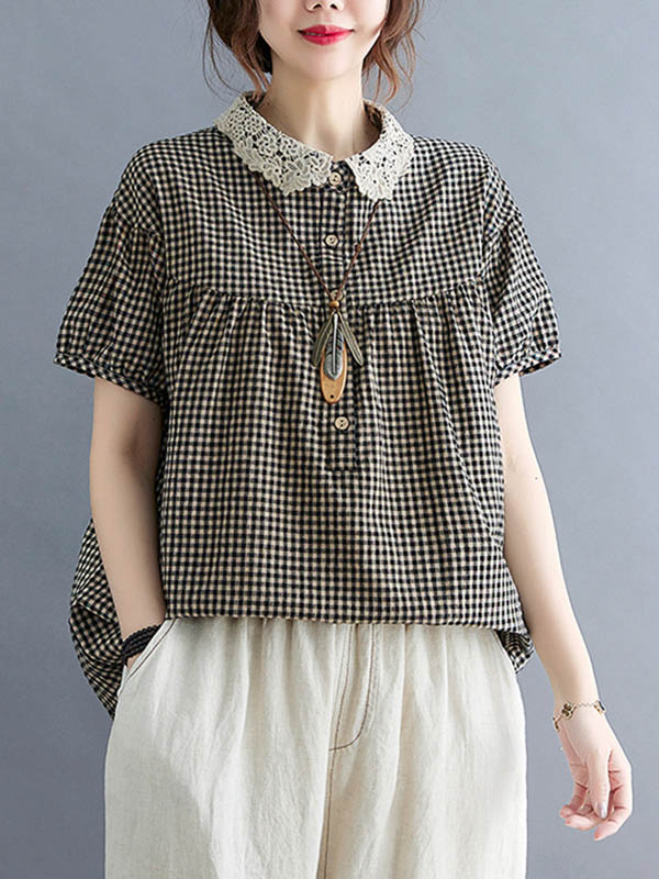 storexq Cotton Blend Plaid Polo Puff Sleeve T-Shirts Tops
