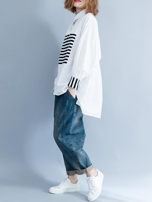 storexq Stripe Split-joint White Shirt