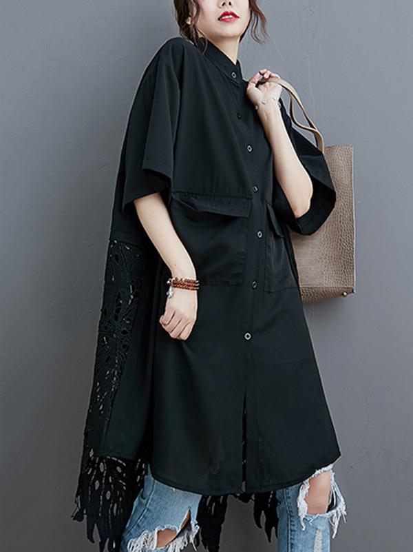 storexq Loose Split-Joint Hollow Solid Long Blouse