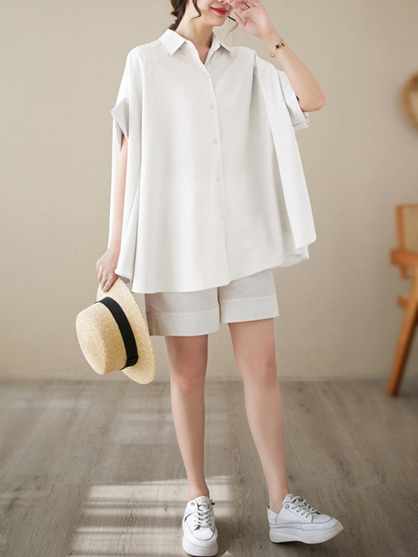 storexq Loose Short Sleeves Solid Color Lapel Shirts Tops