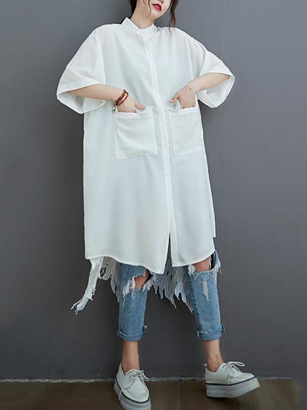 storexq Loose Split-Joint Hollow Solid Long Blouse