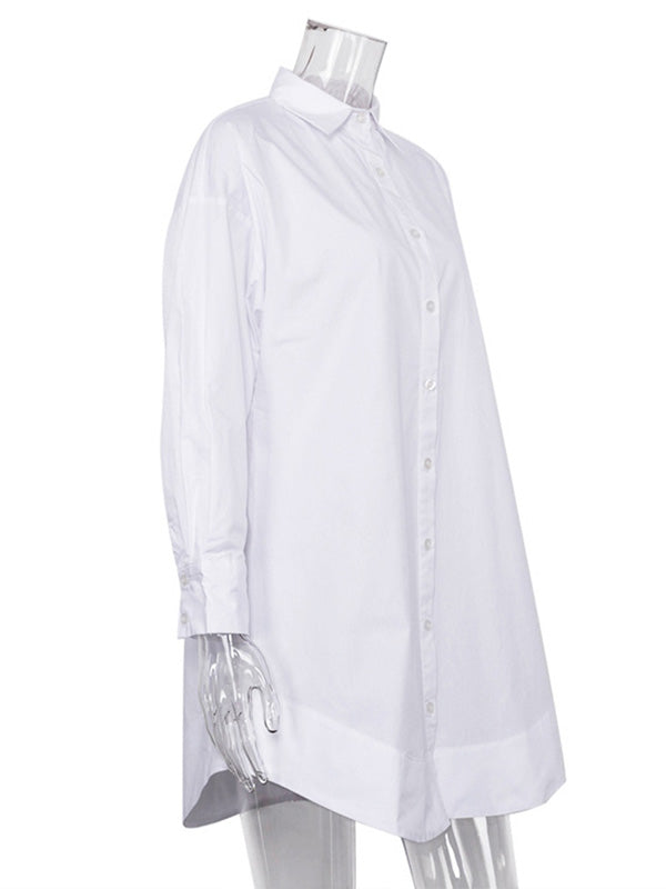 storexq Leisure Fashion Loose Long Sleeves Solid Color Lapel Collar Shirt Dresses