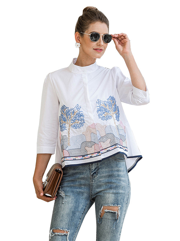 storexq Casual Three-Quarter Sleeves Loose Embroidered Stand Collar Blouses&Shirts Tops