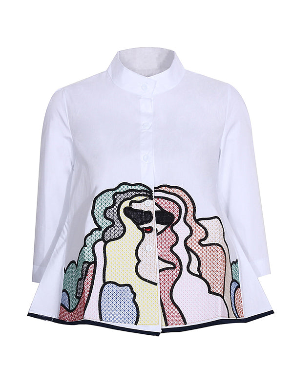 storexq Casual High-Low Loose Printed Stand Collar Blouses&Shirts Tops