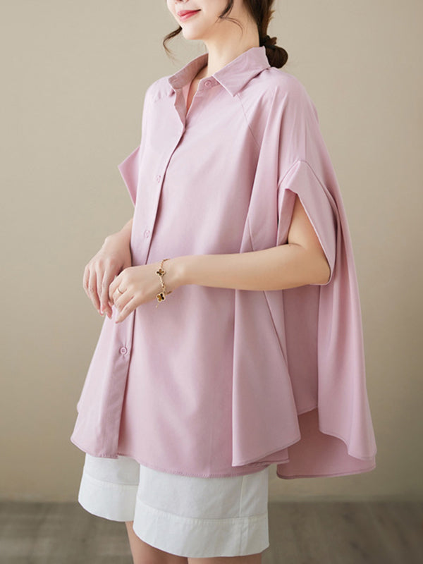 storexq Loose Short Sleeves Solid Color Lapel Shirts Tops