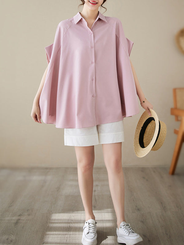 storexq Loose Short Sleeves Solid Color Lapel Shirts Tops