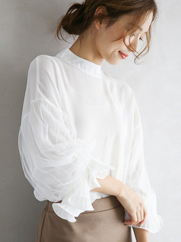 storexq Simple Solid Color Puff Sleeve Mesh Splicing Chiffon Shirt