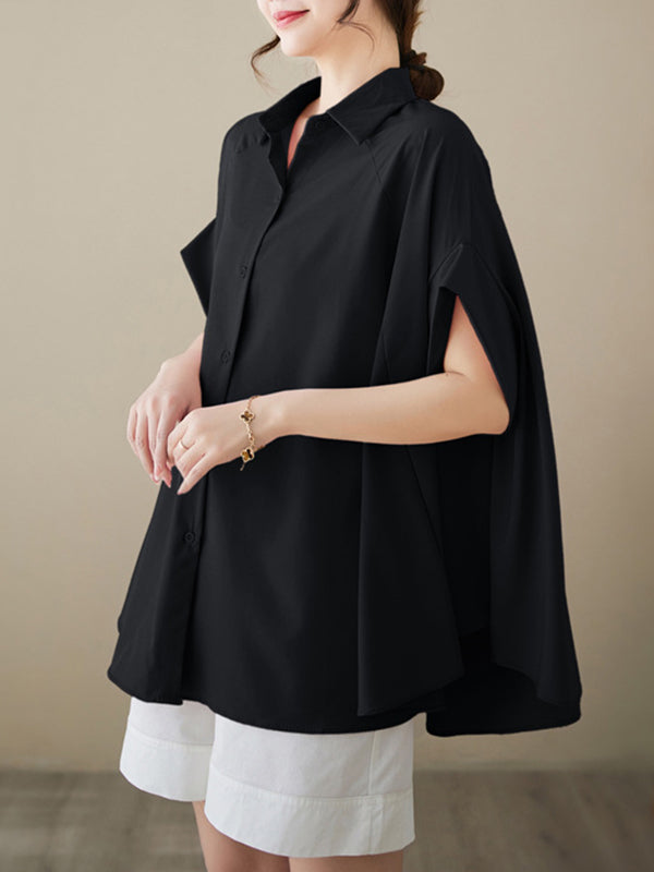 storexq Loose Short Sleeves Solid Color Lapel Shirts Tops