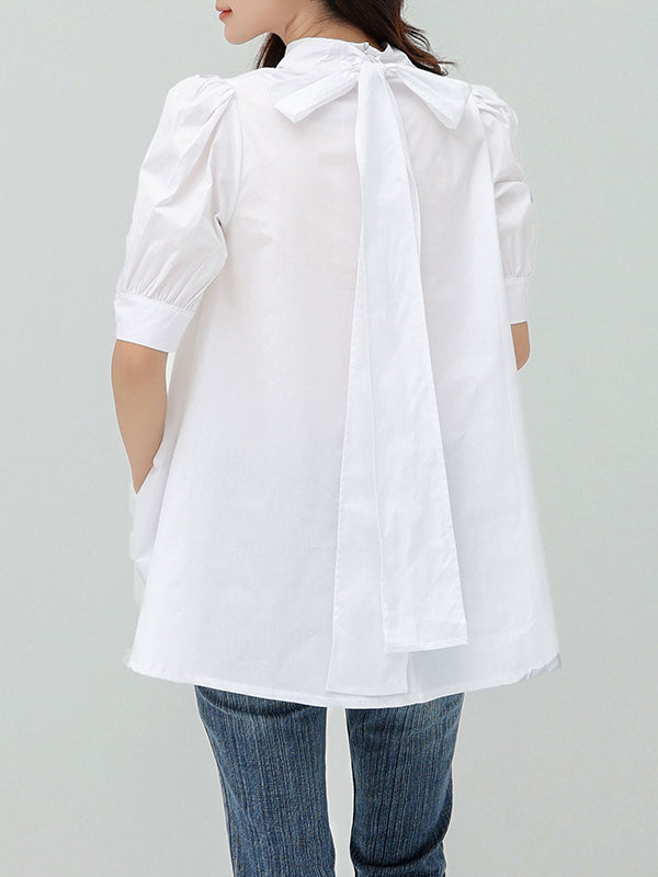 storexq Casual Loose Bow-Embellished Solid Color Blouse