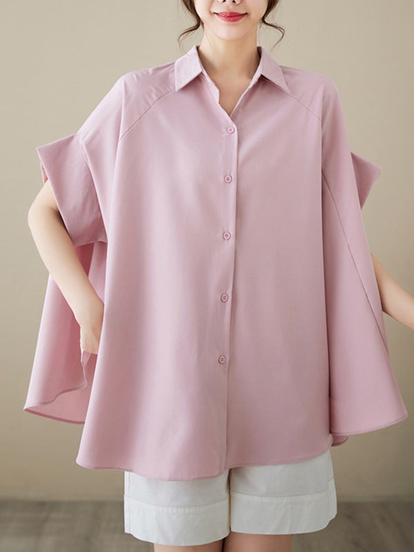 storexq Loose Short Sleeves Solid Color Lapel Shirts Tops