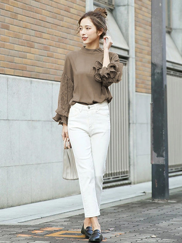 storexq Simple Solid Color Puff Sleeve Mesh Splicing Chiffon Shirt