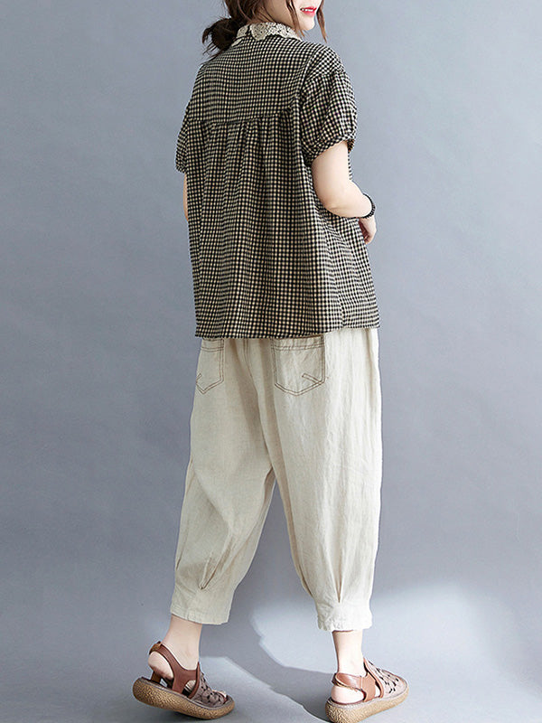 storexq Cotton Blend Plaid Polo Puff Sleeve T-Shirts Tops