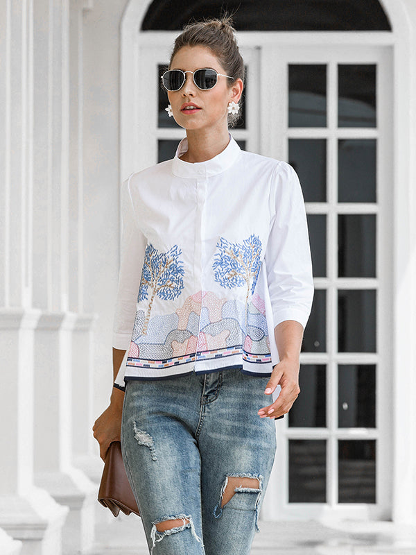storexq Casual Three-Quarter Sleeves Loose Embroidered Stand Collar Blouses&Shirts Tops