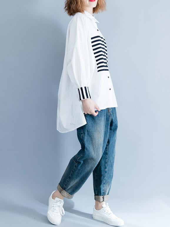 storexq Stripe Split-joint White Shirt