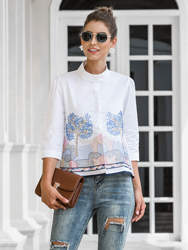 storexq Casual Three-Quarter Sleeves Loose Embroidered Stand Collar Blouses&Shirts Tops