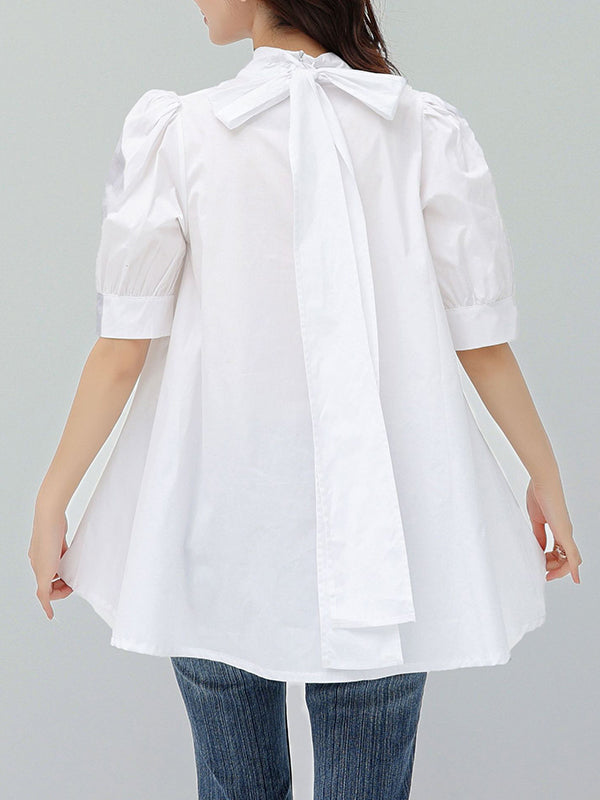 storexq Casual Loose Bow-Embellished Solid Color Blouse