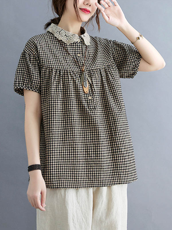 storexq Cotton Blend Plaid Polo Puff Sleeve T-Shirts Tops