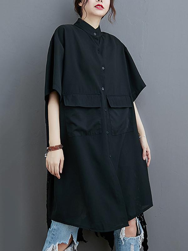 storexq Loose Split-Joint Hollow Solid Long Blouse