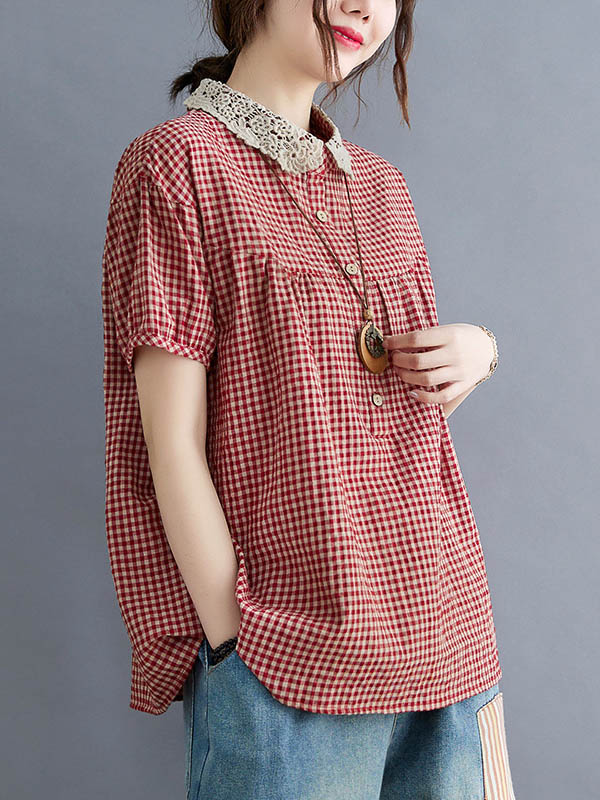 storexq Cotton Blend Plaid Polo Puff Sleeve T-Shirts Tops