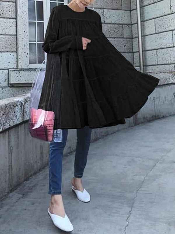 storexq Irregularity Long Sleeves Pleated Solid Color Round-neck Blouses&shirts Tops