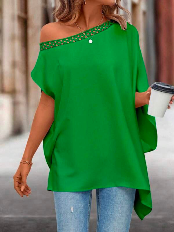 storexq Batwing Sleeves Asymmetric Hollow Solid Color One-Shoulder Blouses&Shirts Tops